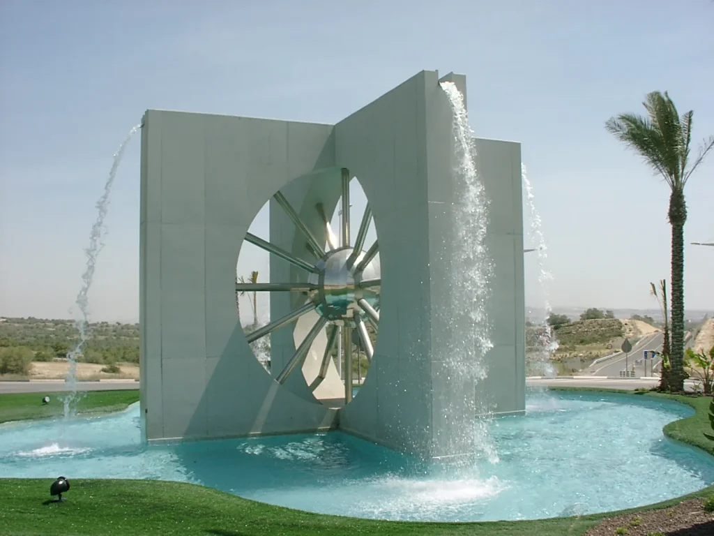 Diseño de rotonda con rocalla y fuente en Algorfa