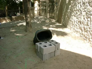 Jardín con césped, fuente y vegetación en Orihuela Playa