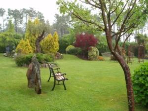 Jardín privado con árboles ornamentales y zona de descanso